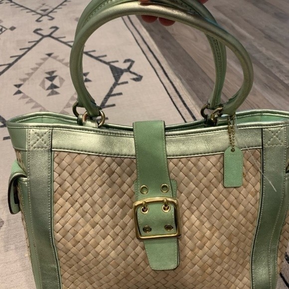 Mettalic green woven woven rattan and suede hand bag mo4k-4433 - Picture 7 of 9